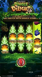 Jungle Delight · Pemeriksaan saldo, nilai taruhan, serta pengaturan putaran pada panel kontrol bawah.