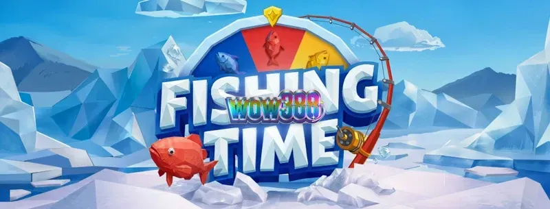 Tampilan antarmuka permainan Fishing Time dengan tema memancing es dan roda keberuntungan